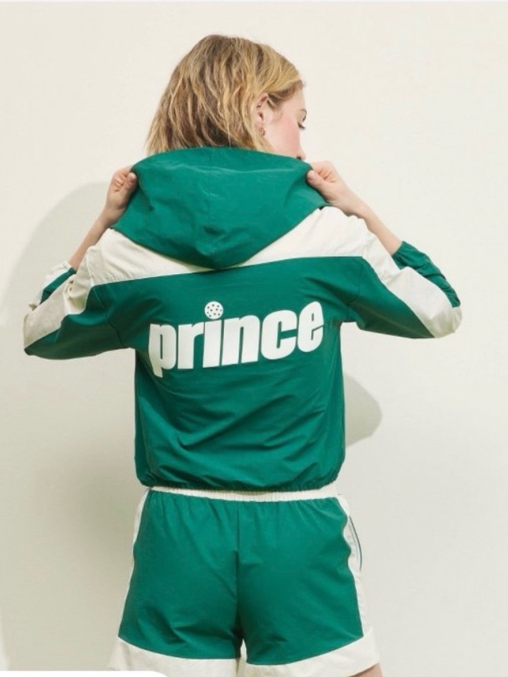 Prince Pickleball Green and White Hooded Nylon Cropped Windbreaker